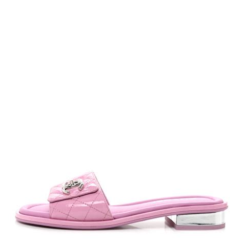 CHANEL Patent Goatskin Quilted CC Mules Sandals 36.5 Pink 